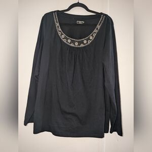 St. Johns Bay 2XL Black Long Sleeve Top with Embellished Neckline